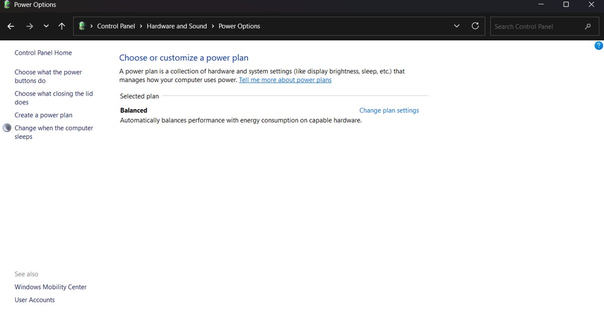 Control Panel Power Options page with the Balanced plan selected