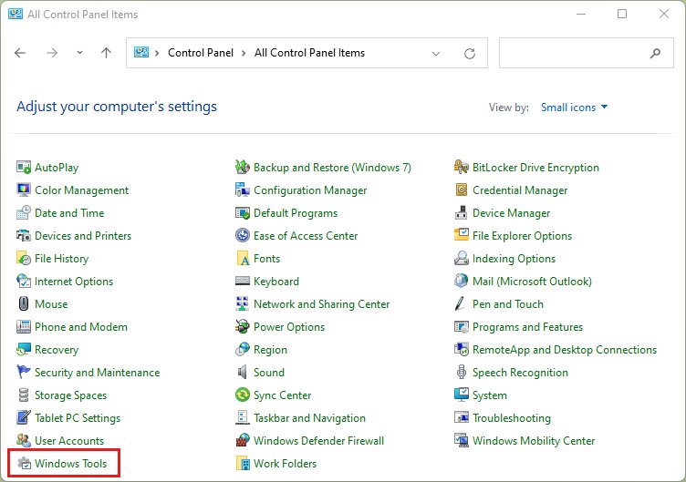 Control Panel Small icons view listing Windows Tools and Credential Manager