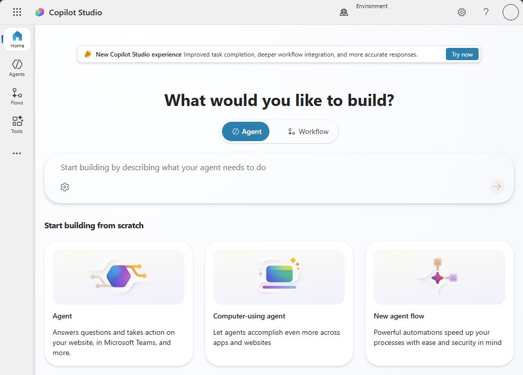 Copilot Studio Home page with a box to describe the agent you want