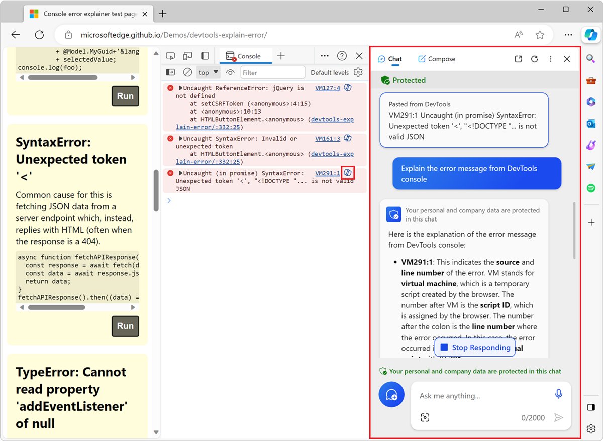 Copilot sidebar in Edge explaining a pasted DevTools Console error message