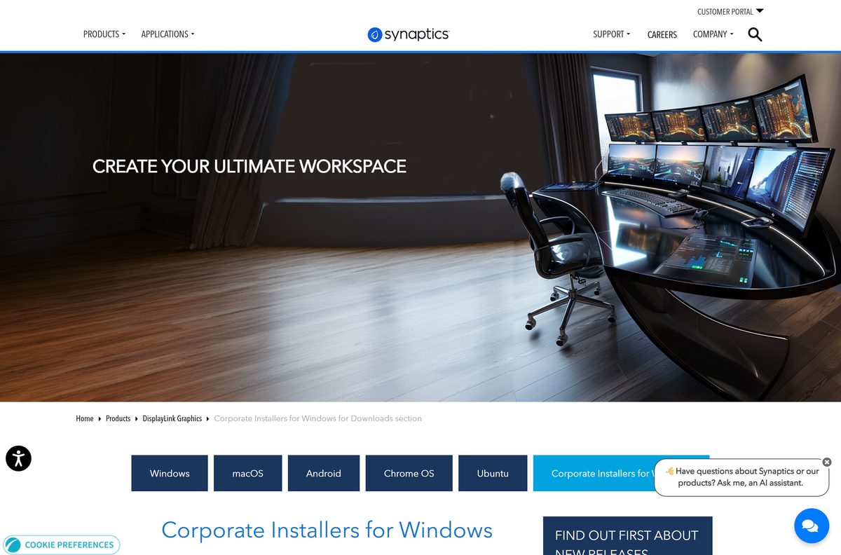 Synaptics corporate installer page showing MSI and INF packages for Windows