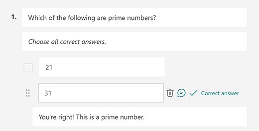 Correct answer check mark and feedback message on a Forms quiz question