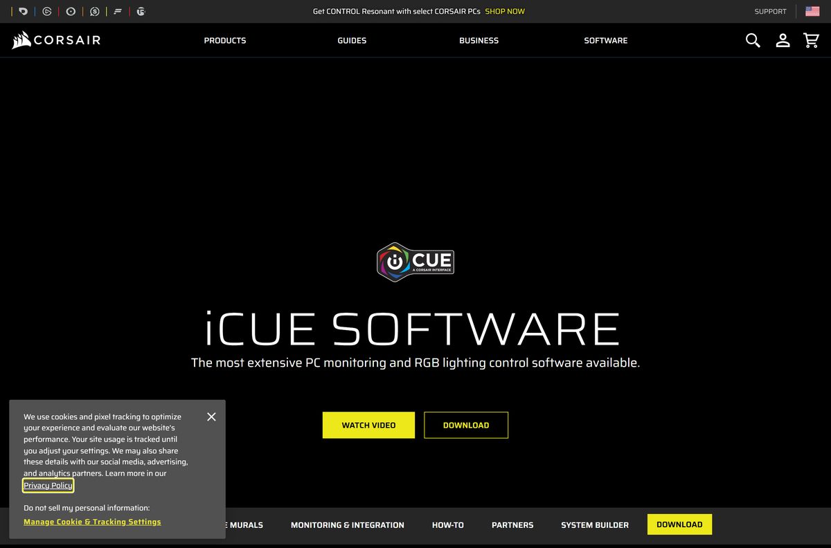 Corsair downloads page with the Windows and macOS buttons for iCUE