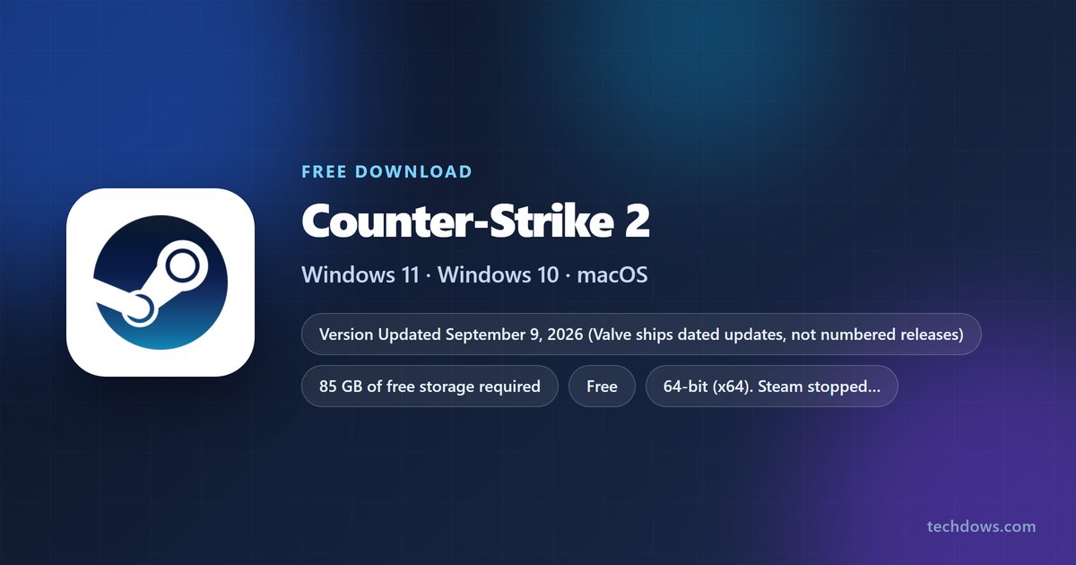 Counter-Strike 2 card showing price, developer and supported Windows versions
