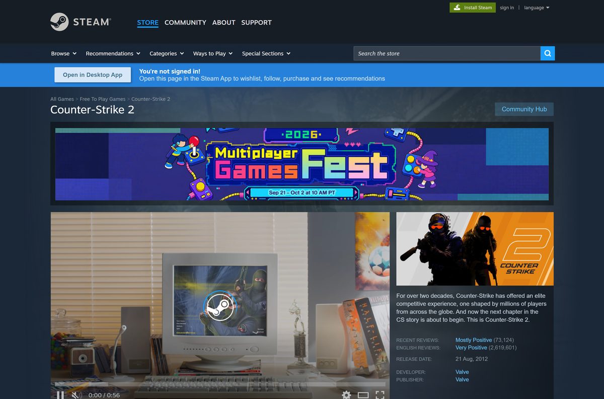 Steam store page for Counter-Strike 2 with its Play Game button