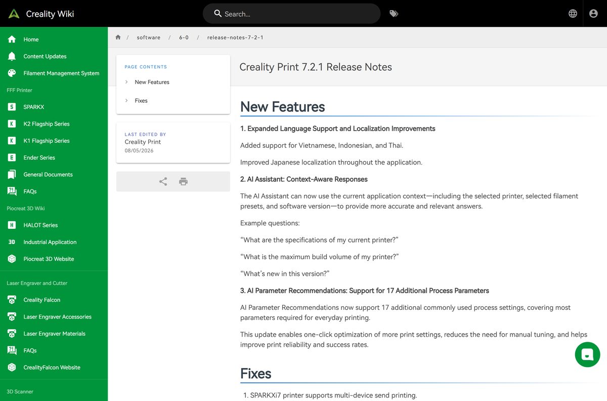 Creality Print 7.2.1 release notes with new languages and AI features