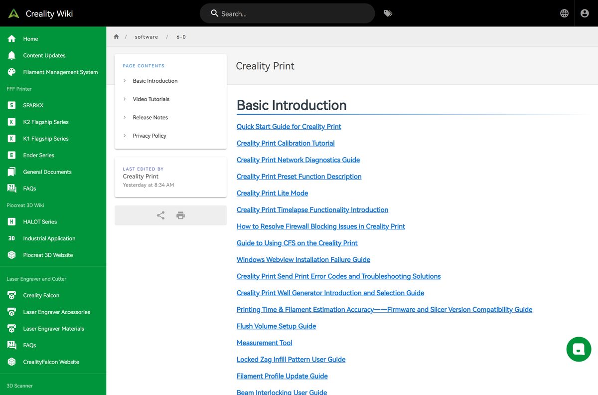 Wiki index listing guides, tutorials and release notes for Creality Print
