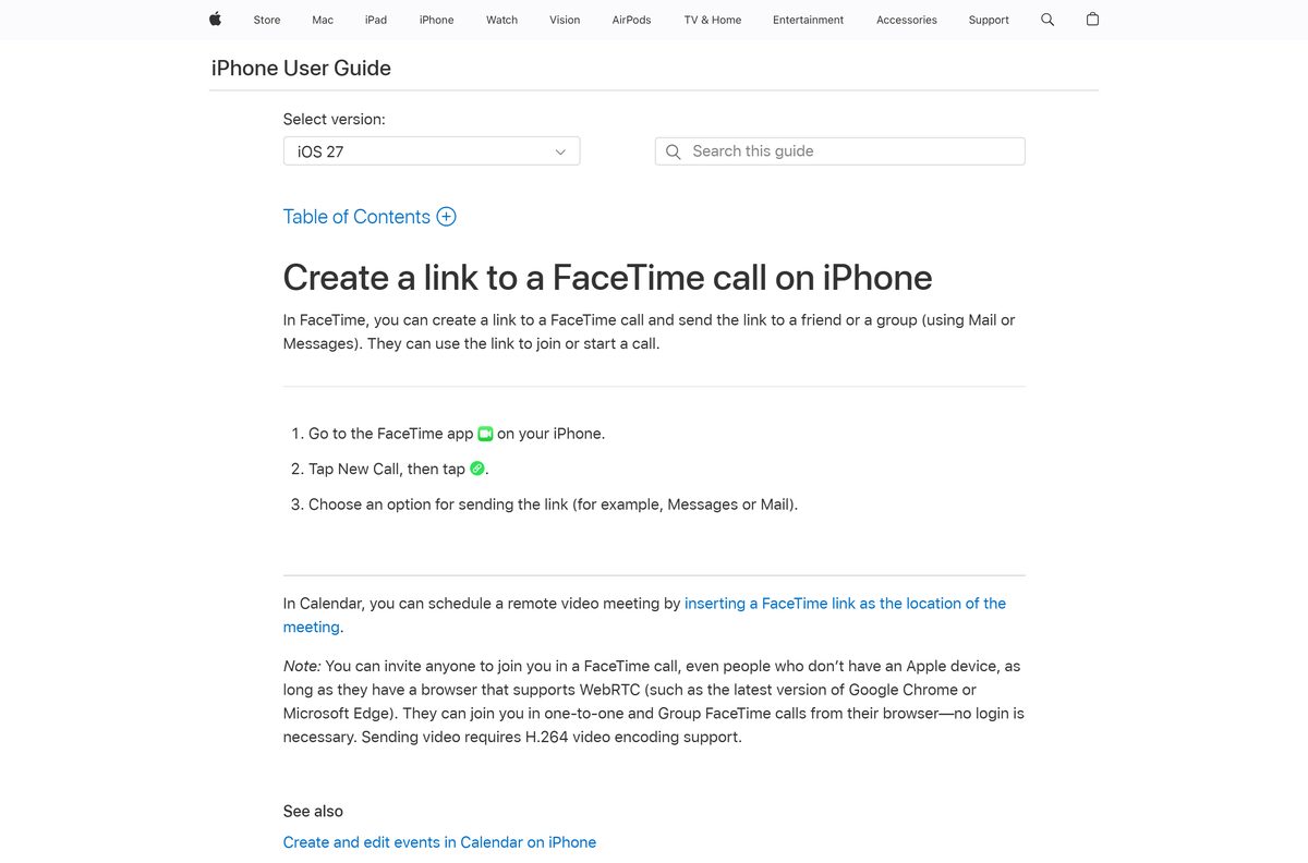 iPhone guide page explaining how to create a FaceTime call link
