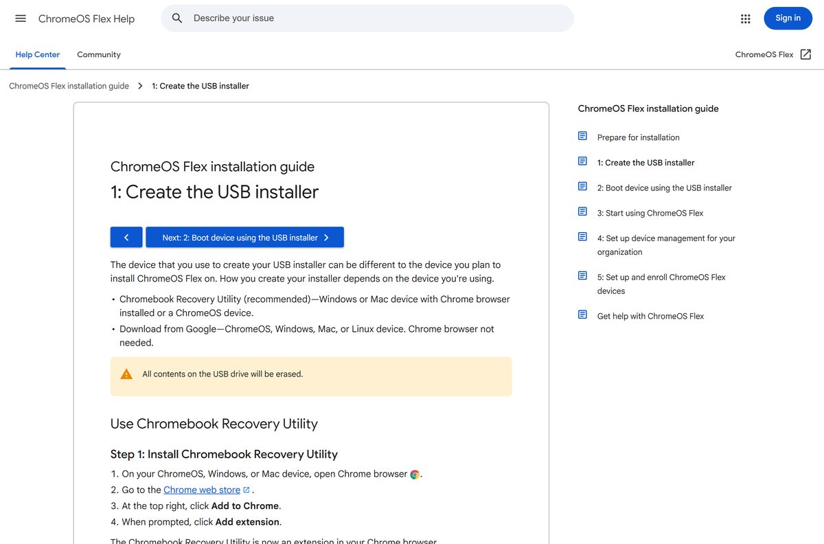 Google help page for making the ChromeOS Flex USB installer