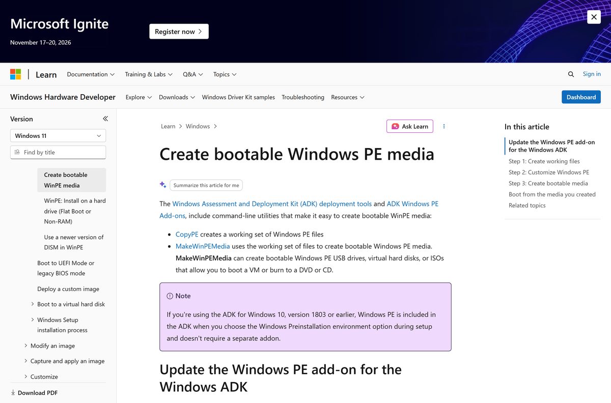 Microsoft Learn page with the copype and MakeWinPEMedia commands for boot media
