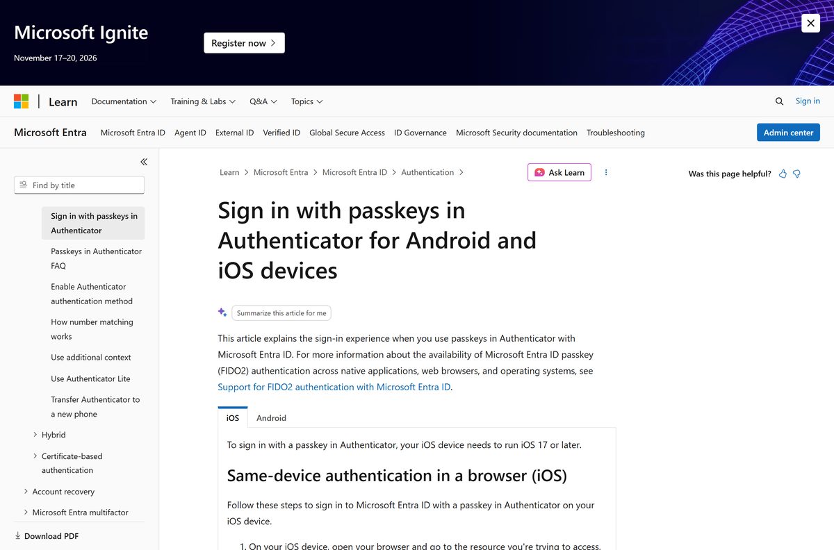 Documentation page describing cross-device passkey sign-in steps and labels