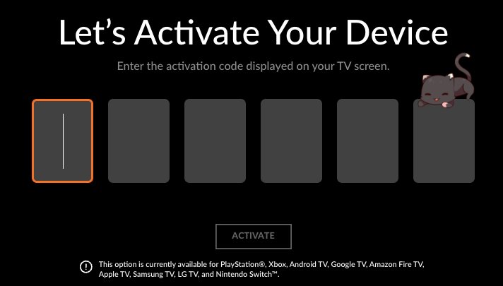 Crunchyroll TV activation screen with six empty code entry boxes