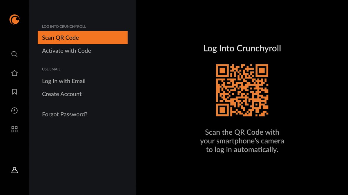 Crunchyroll TV login menu with Scan QR Code highlighted