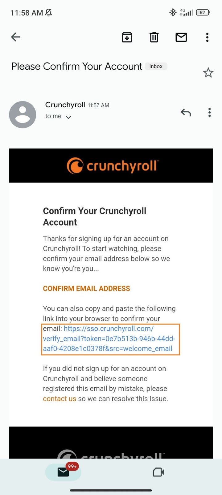 Crunchyroll account confirmation email with a Confirm Email Address button