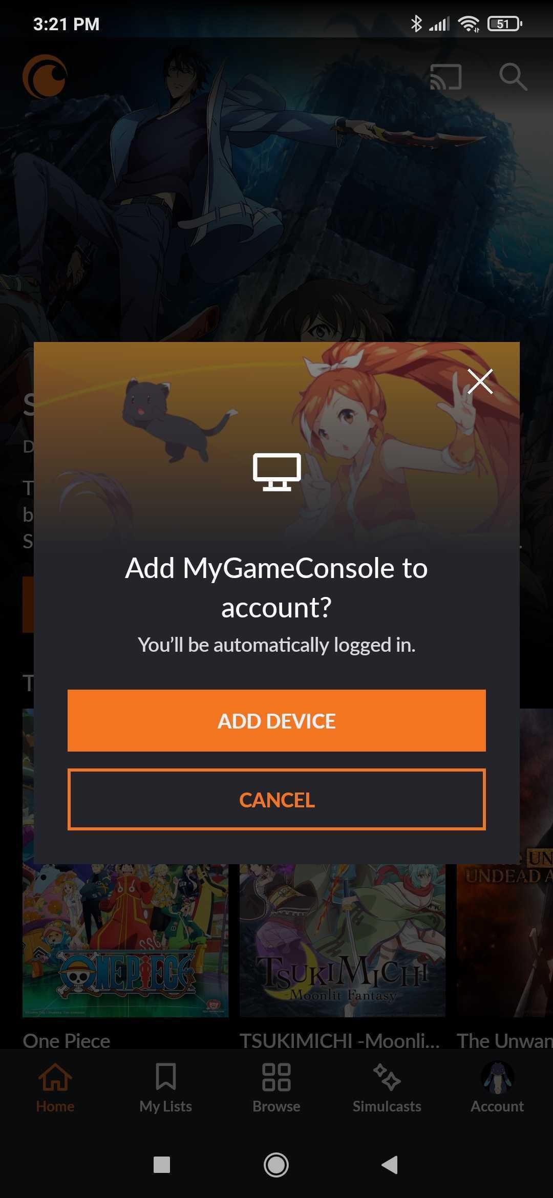 Crunchyroll mobile app dialog confirming a new device sign-in