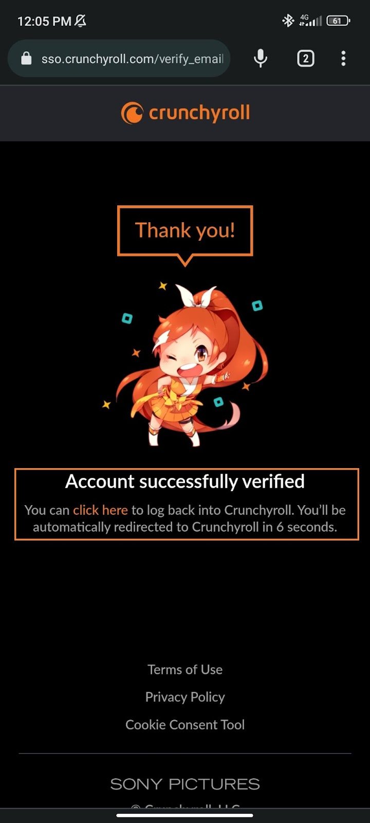Crunchyroll mobile browser page confirming successful email verification