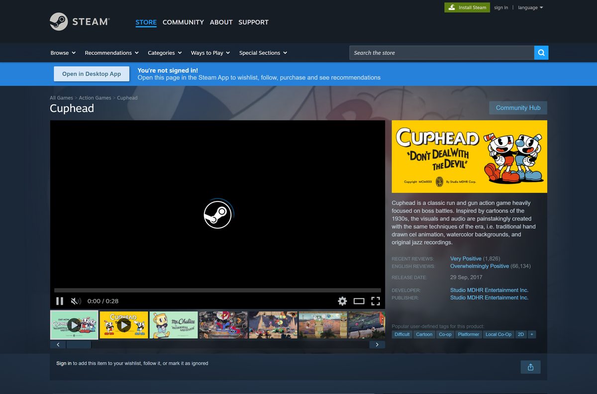 Steam store page for Cuphead with reviews and tags