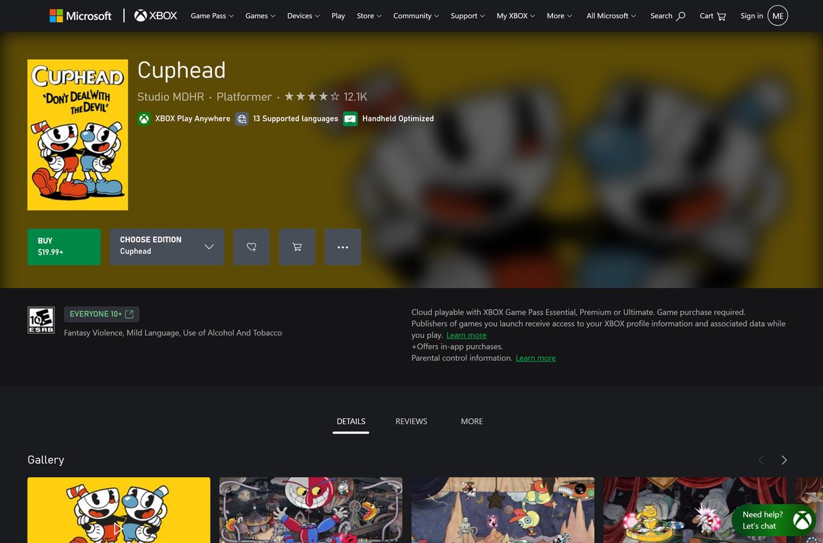 Xbox store listing for Cuphead with editions and price