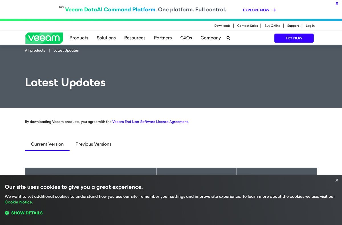 Veeam versions page listing builds, release dates, sizes and checksums