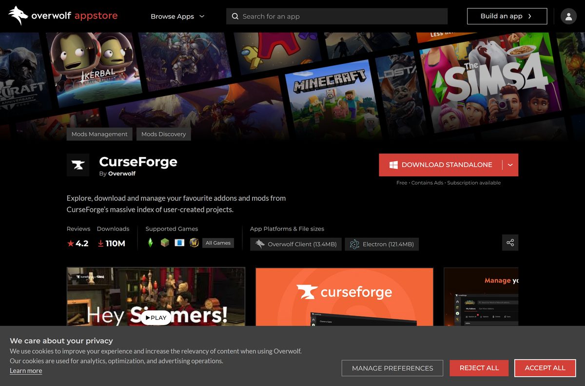 CurseForge app page on the Overwolf site with download buttons
