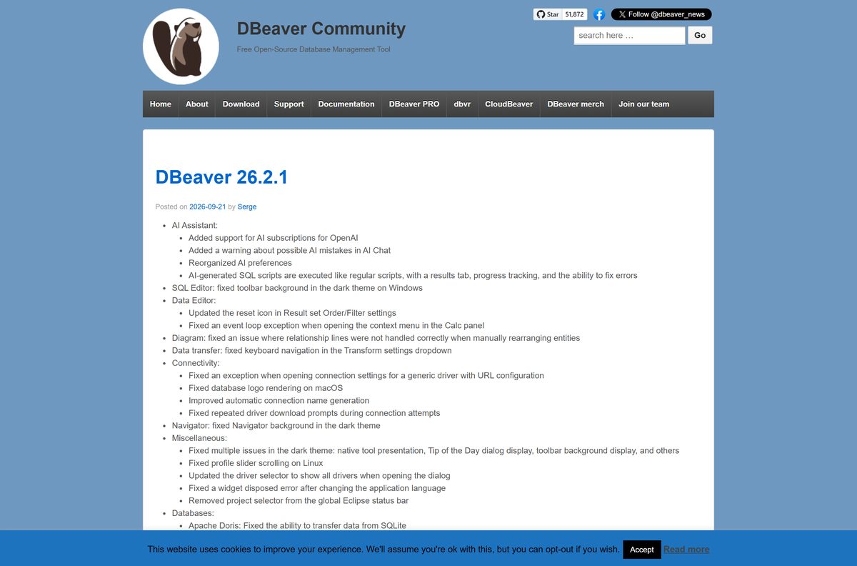 DBeaver news page listing recent Community releases