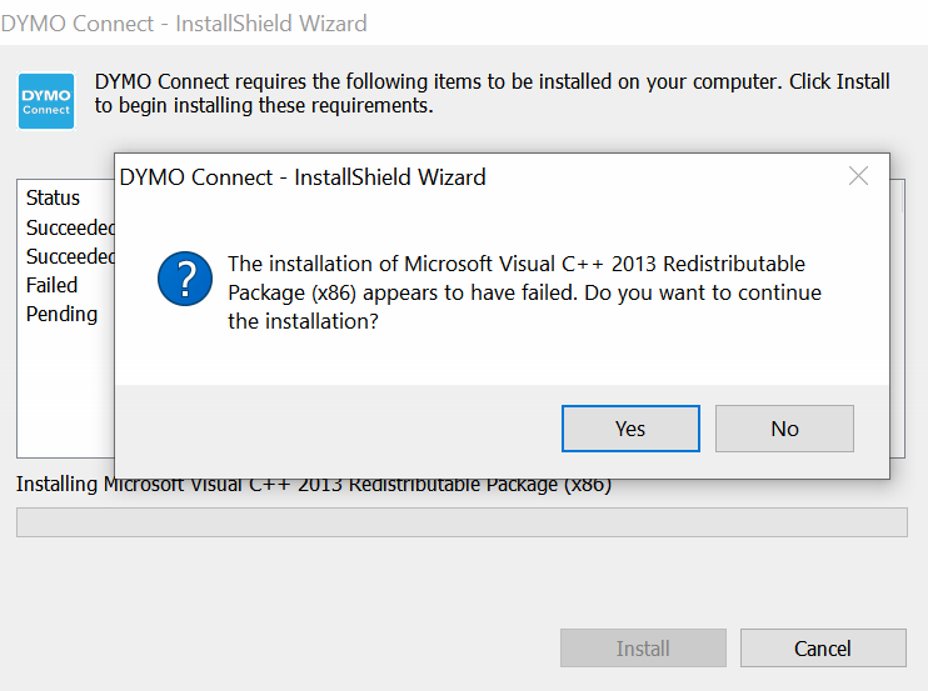 DYMO Connect installer asking to continue after a Visual C++ error