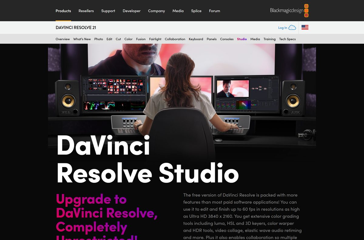DaVinci Resolve Studio product page with its purchase button