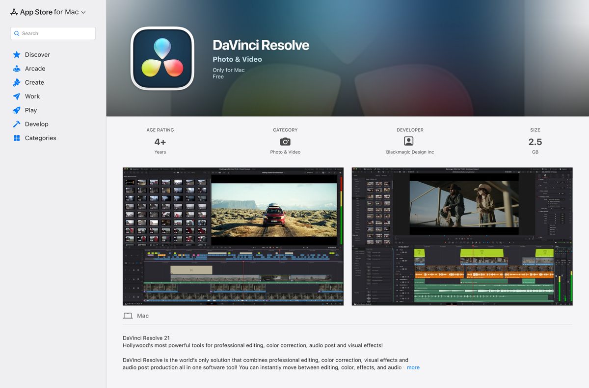 Mac App Store listing for DaVinci Resolve with its size and price