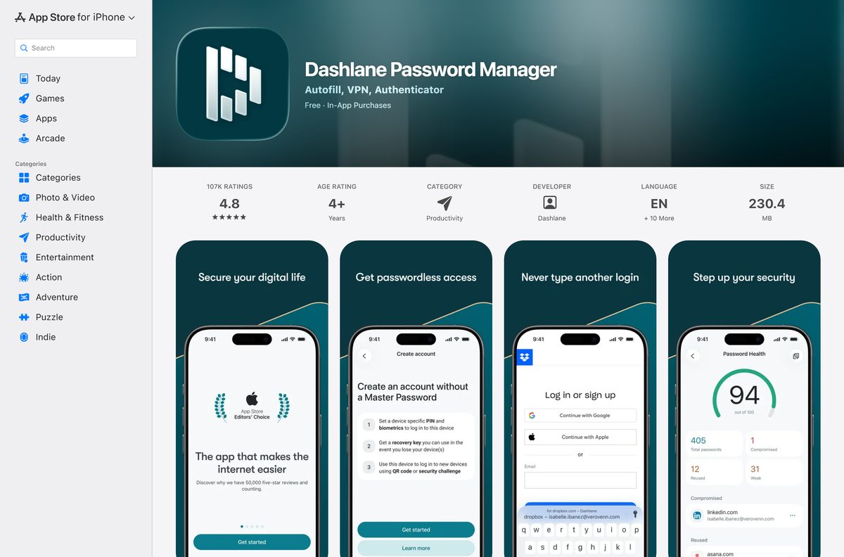 App Store page for Dashlane with its seller and compatibility