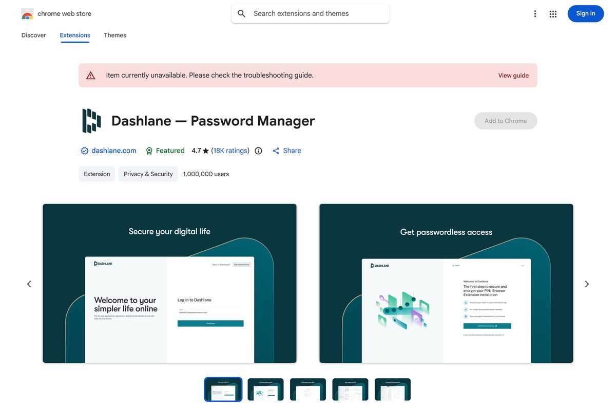 Chrome Web Store listing for the Dashlane password manager extension