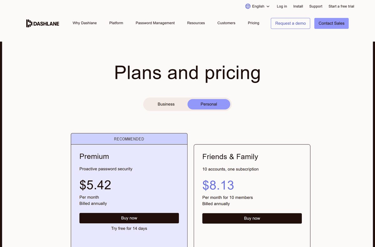 Dashlane personal pricing page comparing Premium and Friends & Family