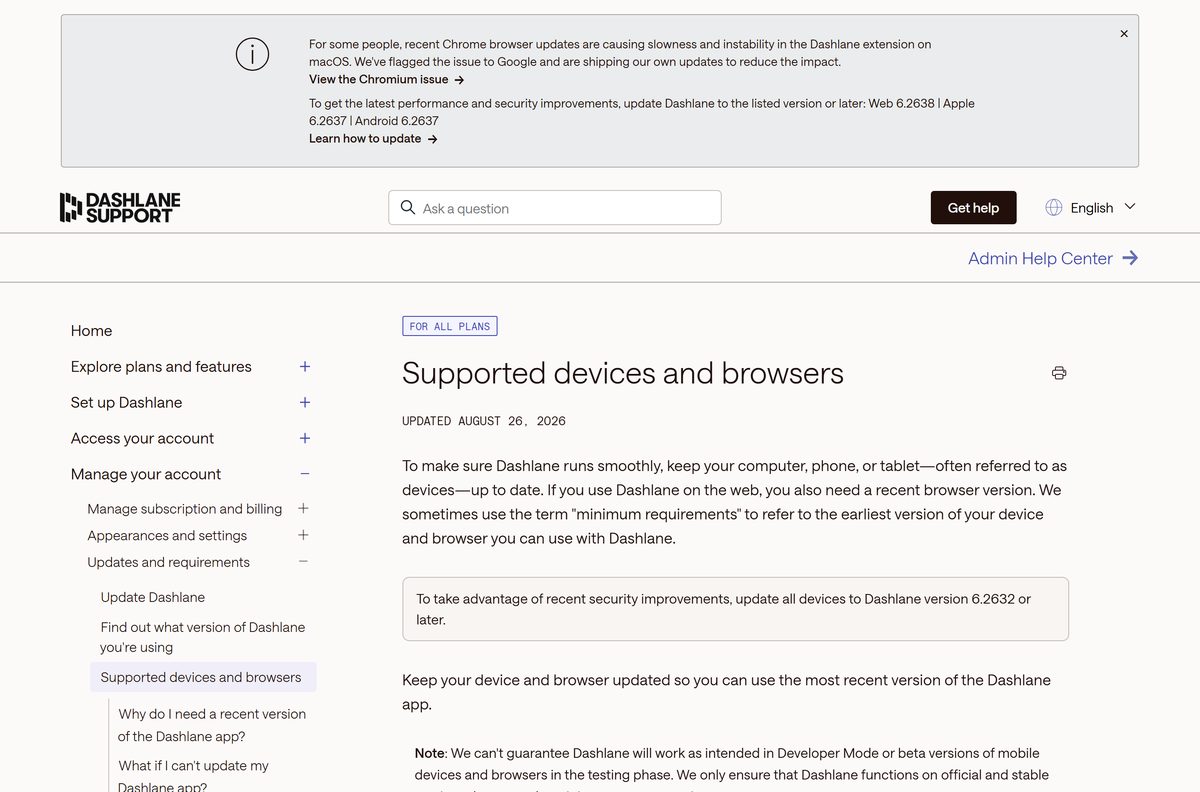 Dashlane help page listing supported browsers and operating systems