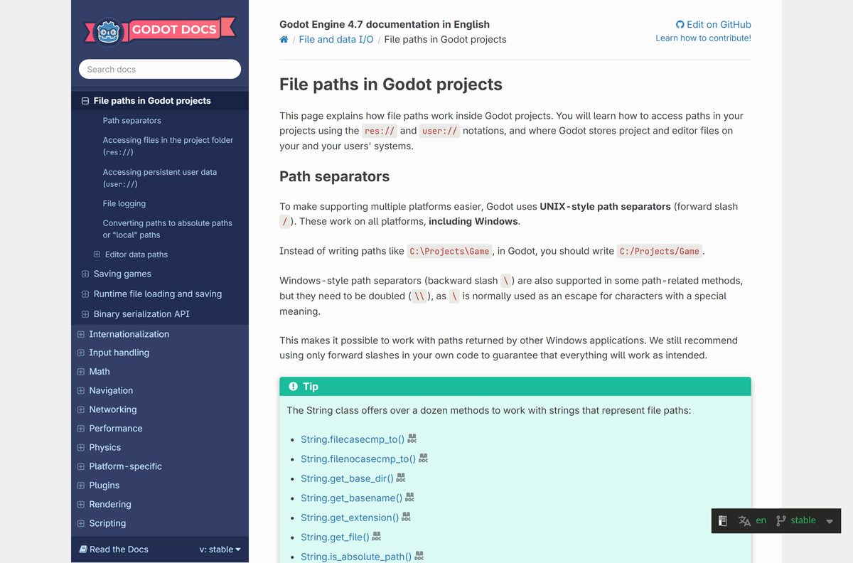 Godot Engine docs on data paths and self-contained mode