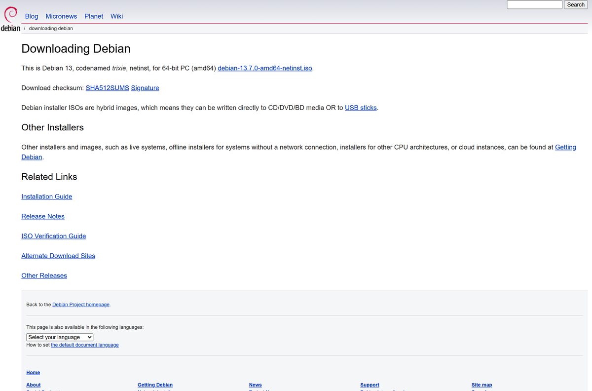Debian download page offering the 64-bit netinst image