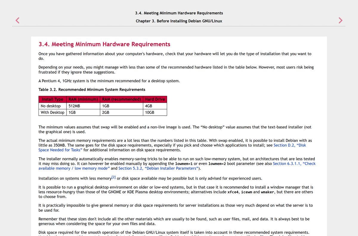 Debian installation guide table of minimum RAM and disk space