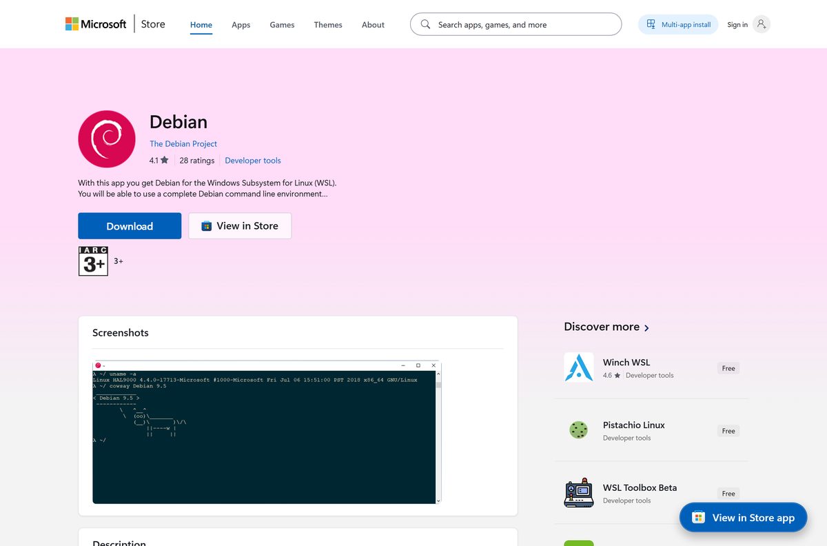 Microsoft Store listing for Debian with its publisher and free price
