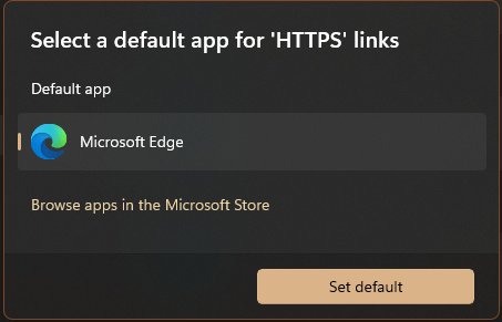 Default app selector for HTTPS links listing Microsoft Edge with a Set default button