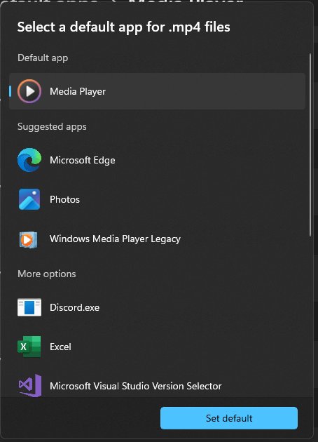 Default apps dialog for choosing which player opens .mp4 files
