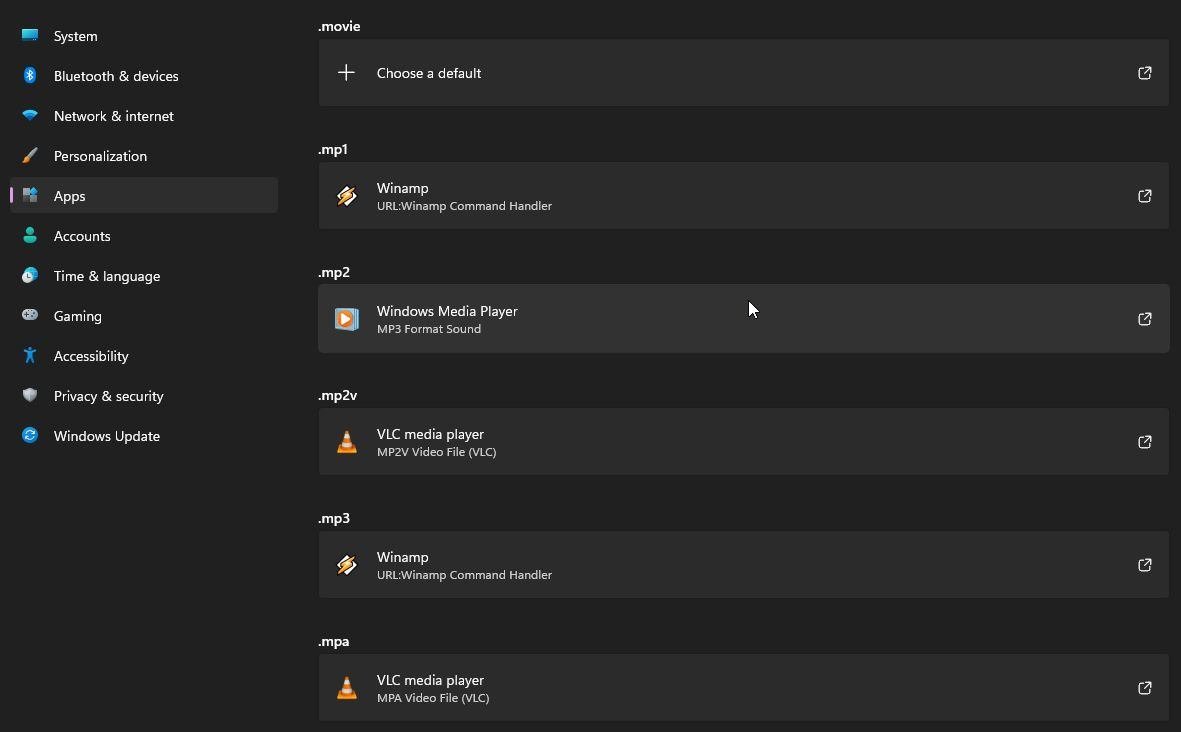 Default apps list mapping several video file types to different players