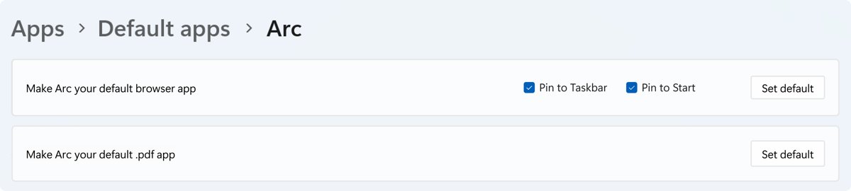 Default apps page with Pin to Taskbar and Pin to Start checkboxes checked