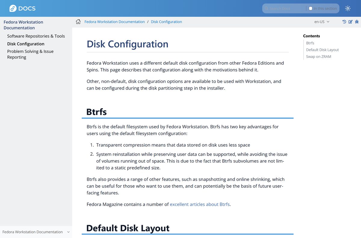 Default Fedora Workstation disk layout with Btrfs subvolumes