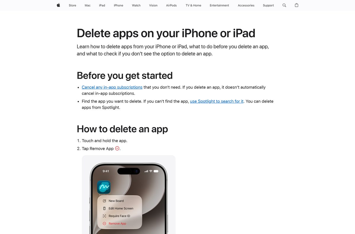 Apple support steps for deleting The Battle Cats from an iPhone