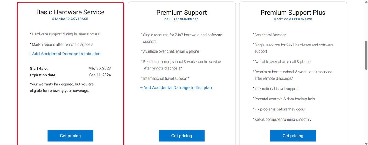 Dell warranty renewal screen comparing Basic, Premium Support and Premium Support Plus plans