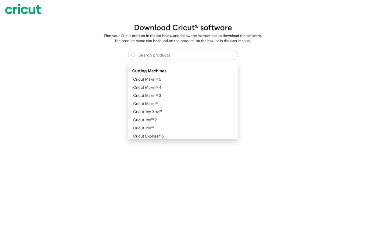 Cricut download page listing cutting machines and heat presses