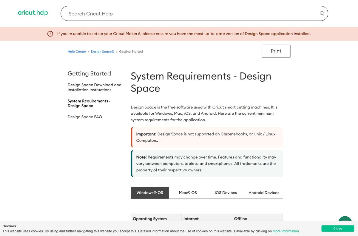 Cricut Design Space system requirements for Windows and Mac
