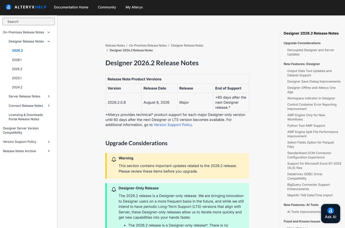 Release notes page for Alteryx Designer 2026.2