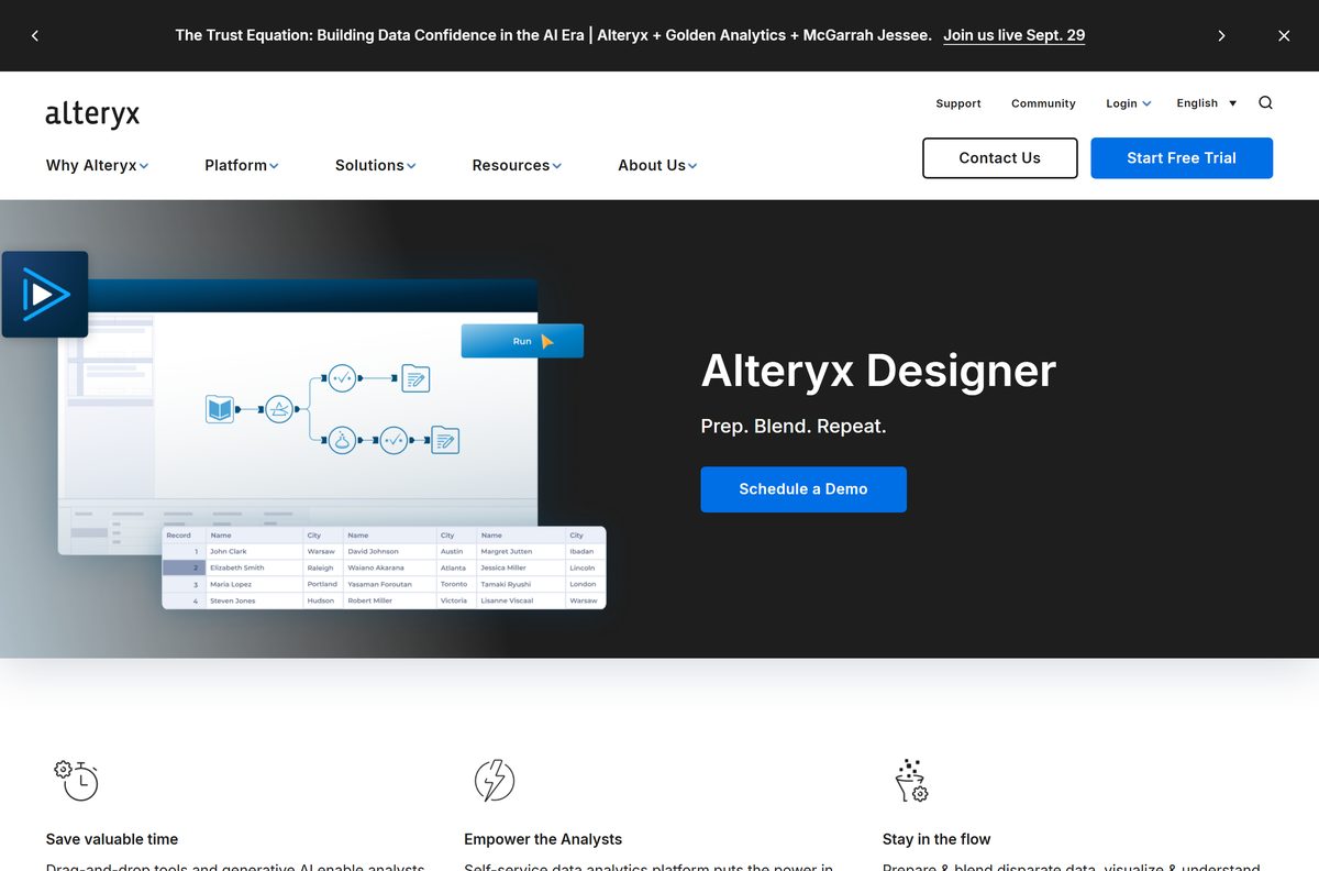 Official Alteryx Designer product page with free trial button