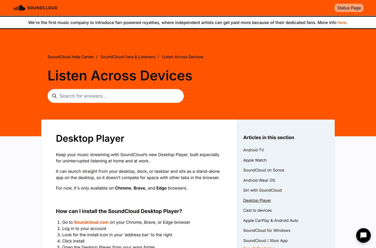 Help center steps for installing the SoundCloud Desktop Player