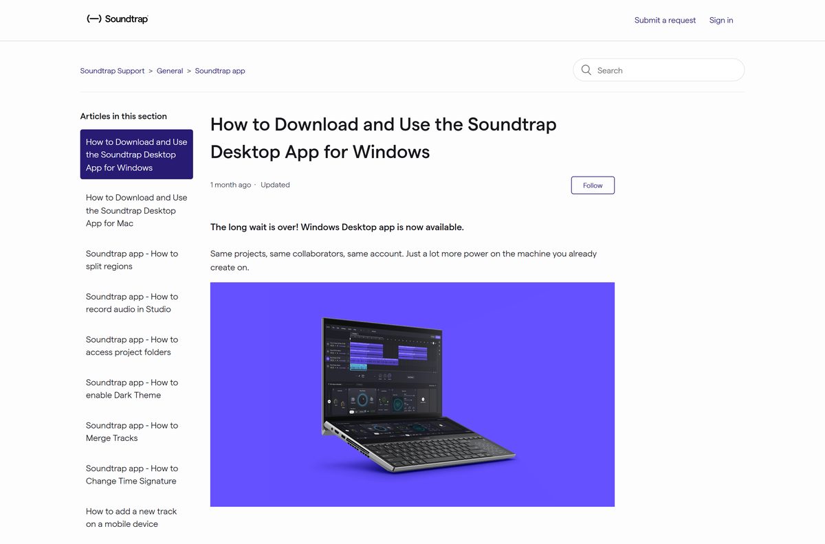 Help page describing the Soundtrap desktop app for Windows