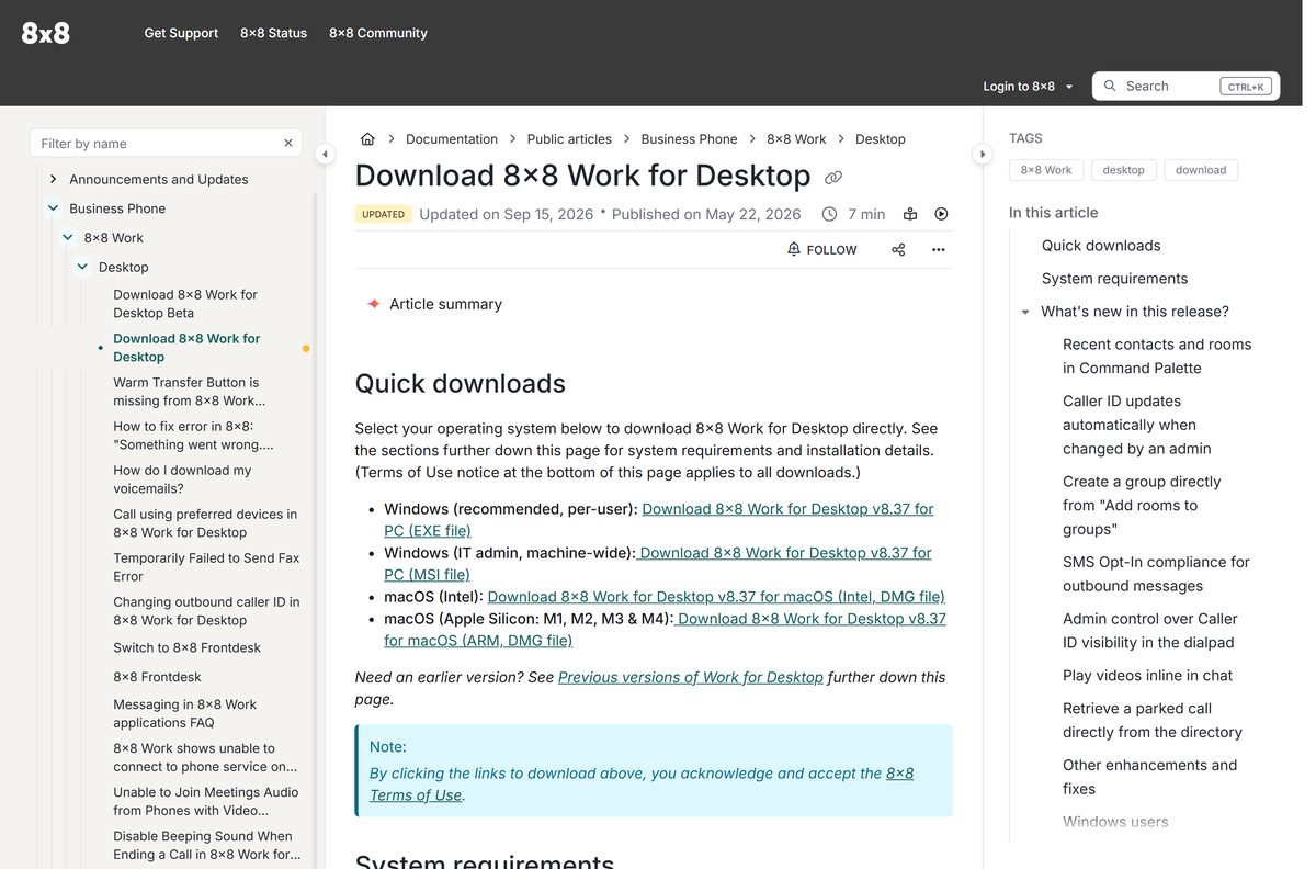 Support page listing Windows and macOS installer links for the desktop app